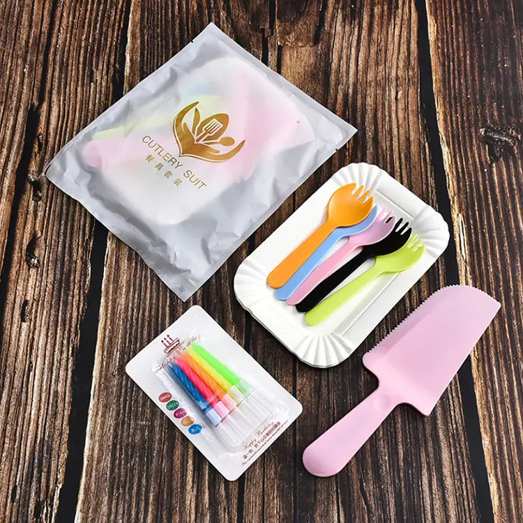 Wholesale Birthday Cutlery Candle Color Frosted Plastic Cutlery Plate Set Cutlery Plate Baking Combination