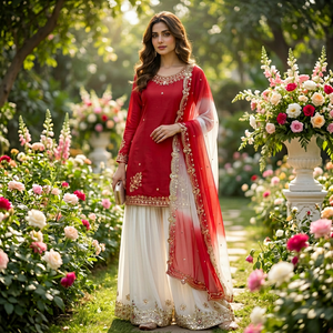 Ensemble Salwar Kameez Traditionnel Brodé Rouge et Blanc pour Femmes, Tenue Indienne et Pakistanaise pour Cérémonies de Remise de Diplôme, Mariages et Fêtes, avec Dupatta - Product Image 1