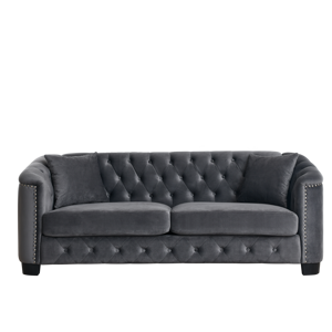 Canapé moderne en velours de 77 pouces, canapé 3 places, dossier capitonné rembourré avec accoudoirs à clous <span class=keywords><strong>et</strong></span> 2 coussins pour salon (gris) - Product Image 1