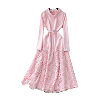 Robe midi élégante à manches longues, col montant, ceinture, ourlet en dentelle, pour femme, printemps automne, occasion formelle