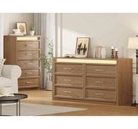 Commande en gros, MOQ élevé, commode en bois brun à 5 tiroirs avec lumière LED, poignées en métal