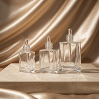 Bouteille en verre plate carrée à fond épais, anneau Transparent, tête de colle transparente, flacon compte-gouttes, vaporisateur