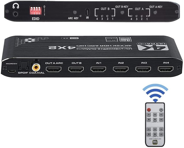 HDMI 2.0b Matrix Switch 4 in 2 Out 4K HDMI Switcher Splitter+Optical +L/R Audio Output Scaler EDID with Remote HDCP2.2 HDR 10