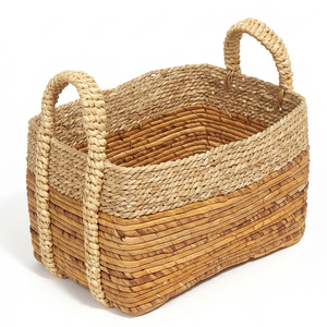 Handwoven <b>Rectangular</b> Two-Tone Seagrass <b>Storage</b> <b>Basket</b> with Handles, Natural Wicker Organizer Bin for Shelf and Living Room - Product Image 2