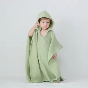 2023高品质儿童定制个性化纯色婴儿连帽4层毛巾软棉婴儿浴巾