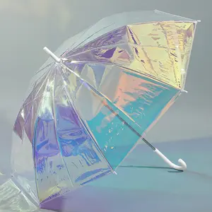 Barra recta con mango largo para mujer, paraguas transparente y creativo de Iris láser, semiautomático, de arcoíris, brillo de lluvia para estudiantes