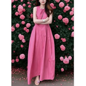 Nuovo Abito Lungo Estivo 2026 all'Ingrosso Minimalista Senza Maniche Stile Francese Chic a Vita Alta Ampio in Misto Cotone Rosa Linea A per Resort - Product Image 1