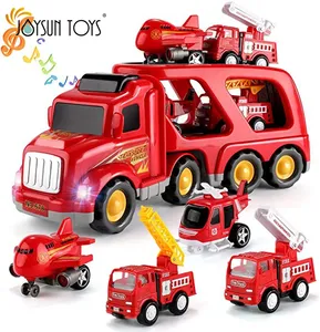 Fire Fighting Truck Big Carrier Truck with 4 Small Cartoon Pull Back Cars, Colorful Vehicles, Transport Truck