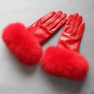 Luxury Genuine Leather Gloves with Fur Cuffs Red Gloves Leather Sheepskin Fox Fur Mittens For Women