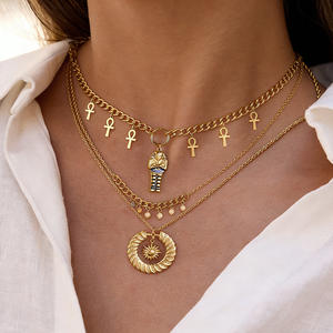 Collar con colgante de faraón egipcio dorado con dijes de Ankh, cadena de clavícula de varias capas para mujer, joyería de moda. - Product Image 1