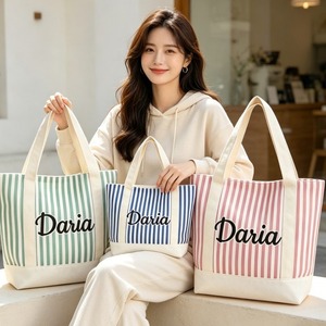 Sac fourre-tout en toile à rayures avec logo personnalisé, grande capacité, sac à main pour les voyages en plein air, la plage et le shopping - Product Image 4