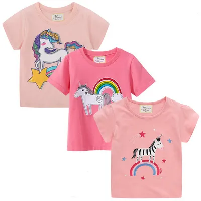 summer top fashion girl t shirt for 3-8 age cartoon pink baby printed girl t-shirt cotton customized girl t shirt logo printing