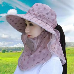 Chapeau de pêcheur pour femme en soie glacée à pois, à large bord, avec protection faciale anti-UV, pour l'été et l'extérieur - Product Image 2