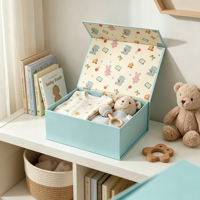 Boîte cadeau pliable personnalisée, imprimée avec un dessin animé mignon, bleu clair, boîte d'emballage rigide en papier pliable magnétique pour les jouets et les vêtements de bébé
