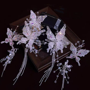 2024 New Handmade Fairy Tassel Floral Liquid Iridescent Rhinestone Butterfly <b>Wedding</b> Hair <b>Accessory</b> Set for Brides - Product Image 1