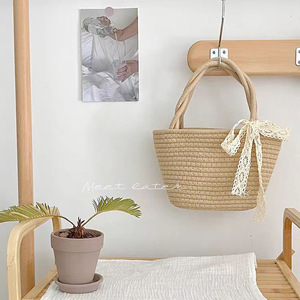 Cotton Woven Tote <b>Bag</b> Beige Lace Ribbon Bohemian Style <b>Summer</b> Beach <b>Bag</b> Everyday Use - Product Image 1