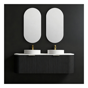 <span class=keywords><strong>Meuble</strong></span>-lavabo mural contemporain à nervures avec lavabo rond élégant, miroir ovale et façade de <span class=keywords><strong>meuble</strong></span> incurvée – Design moderne – Vente en gros - Product Image 5