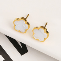 Pendientes de tuerca chapados en oro de 18K para mujer, joyería de piedras preciosas de acero inoxidable, trébol de cinco hojas, flor Vintage delicada