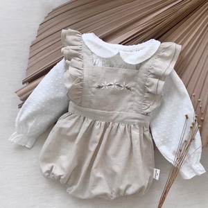 Verano vintage niños color sólido Lino algodón ropa niño bebé <span class=keywords><strong>niña</strong></span> sin mangas volante sin espalda bordado flor mameluco - Product Image 3