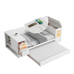Divano letto singolo bianco con braccioli contenitore, letto estraibile e stazione di ricarica, moderno, in MDF, per camera da letto - Product Image 1