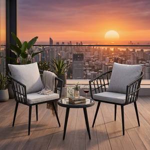 Juego de Muebles de Ratán Ligeros y Resistentes al Óxido, Estilo Nórdico, con Patas de Metal Negro y Cubierta de Vidrio, 3 Piezas, para Jardín o Cafetería - Product Image 3