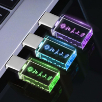 32GB USB Memorias Promotional Gifts Crystal Blue LED Light Transparent Glass Clear Wood Pendrive Thumb USB Flash Drives