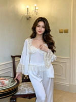 Ensemble de vêtements d'intérieur trois pièces en satin pour femme, style français, motif floral cerf, avec soutien-gorge sexy à bretelles et pantalon d'automne