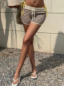 Women's Casual Vintage Mid-Waisted <b>Elastic</b> Waist Corduroy Plaid Bow <b>Lace</b> Breathable 100% Cotton Shorts - Product Image 6