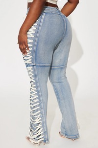 Nova Moda Única Streetwear Sexy Cool Hip Hop Casual Calça <span class=keywords><strong>Jeans</strong></span> Feminina Bootcut com Cadarço - Product Image 4
