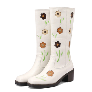 Bottes hautes pour femmes à motif floral rétro, talons épais, chaussures à bout carré large, bottes longues - Product Image 4