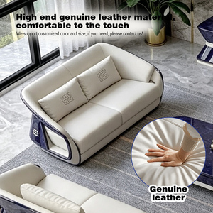 Ensemble de canapés 1-2-3 places en cuir véritable de luxe moderne, inspiré de l'industrie automobile, bleu roi brillant, solution de mobilier tout-en-un - Product Image 5