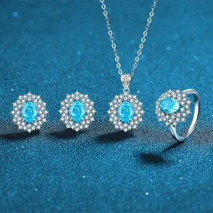 925 sterling silver sea blue three-piece women's necklace ring earrings set with high carbon diamond set