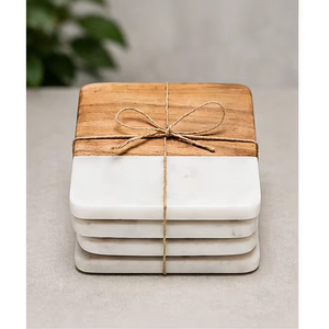 White Marble Resin <b>Coaster</b> <b>Set</b> <b>with</b> Natural Wood Cover Smooth Polished Decorative Drink <b>Holder</b> for Home Office Tabletop Gift - Product Image 1