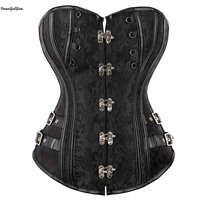 Corset Steampunk pour Femme Grande Taille, Fermeture à Boucle Métallique Avant, 14 Baleines, Noir Marron, Bordure en Dentelle