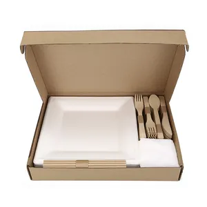 Christmas eco-friendly bagasse plate/wooden spoon fork knife cutlery dinner wares in gift box packing customized