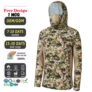 Pakaian berburu pria kustom desain baru poliester penuh cetak <span class=keywords><strong>Camo</strong></span> Mossy Oak lengan panjang bertudung kemeja berburu dengan masker wajah - Product Image 1