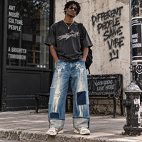 Jeans Baggy Personnalisés pour Hommes, Coupe Large, Effet Délavé, Patchwork, Motif Os, Denim Streetwear Usé, Vente en Gros B2B OEM