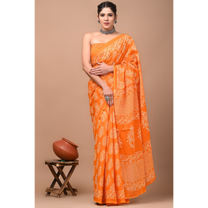 Sari de Algodón Mulmul Estampado con Blusa a Juego, Sari de Algodón Mulmul Ligero y Elegante - Cómodo para Uso Diario - Product Image 3