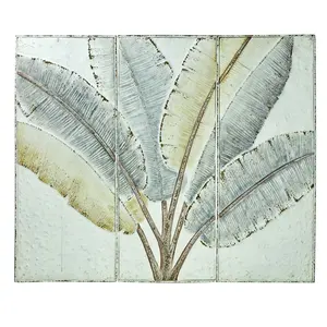 IVYDECO प्राचीन बड़े 3 टुकड़े पैनल उभरा उष्णकटिबंधीय पेड़ रंगीन चित्रकारी धातु दीवार कला