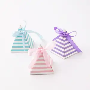 DIY Wedding Party Favor Packaging Box Striped pyramid Candy Bag Chocolate Beautiful Gift Boxes Bridal Bomboniere with Ribbons