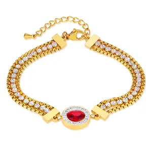 Novelty Stainless Steel 18k Gold Plated Red Gemstone Bracelet Handmade Layered Rounded Chains Cz Tennis Bracelets