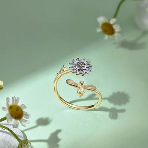 Dylam <b>Dainty</b> Dichroic Plating 925 Sterling Silver Sunflower Bee Shape Adjustable Open Anxiety Spinning <b>Rings</b> for Women - Product Image 5