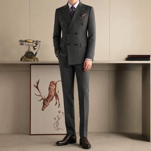 Ensemble de <span class=keywords><strong>costume</strong></span> <span class=keywords><strong>homme</strong></span> croisé sur mesure, style britannique, résistant aux plis, coupe ajustée, couleur unie, <span class=keywords><strong>pour</strong></span> affaires et occasions décontractées - Product Image 5
