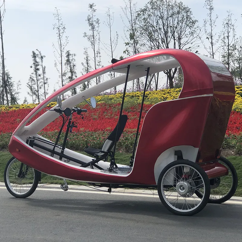 PE Cabin Pedal Assist 3 Wheel 2 Passengers Rental Use Velo Taxi, City Popular Taxi Bike Electric Bicycle Rickshaw Supplier