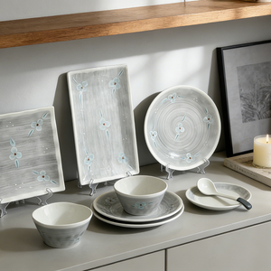 Service de table en céramique émaillée de qualité alimentaire, style japonais, peint à la main, motif fleurs de prunier gris, bols, assiettes et cuillères pour la maison - Product Image 1
