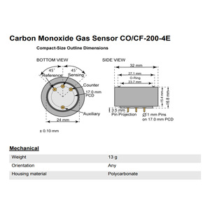 Sensor de Gas Monóxido de Carbono Membrapor CO/CF-200-4E 0-200 ppm con Compensación de H2 para Uso Médico - Product Image 3