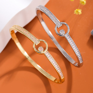 Concentric Circle <b>Copper</b> <b>Bangle</b> With Zircon Gold And Silver Geometric Minimalist Style Fashion Jewelry Gift For Unisex - Product Image 1