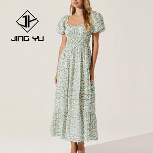 Vestido de Playa de Diseño de Fábrica, Mangas Abullonadas, Cuello Cuadrado Plisado, Vestido Floral, Vestido Maxi de Rayón Voile 100% Personalizado - Product Image 2