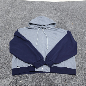 Sweat-shirt à capuche zippé pour homme, gris et bleu marine, à blocs de couleurs, manches raglan, coupe oversize, décontracté, pour l'automne - Product Image 1