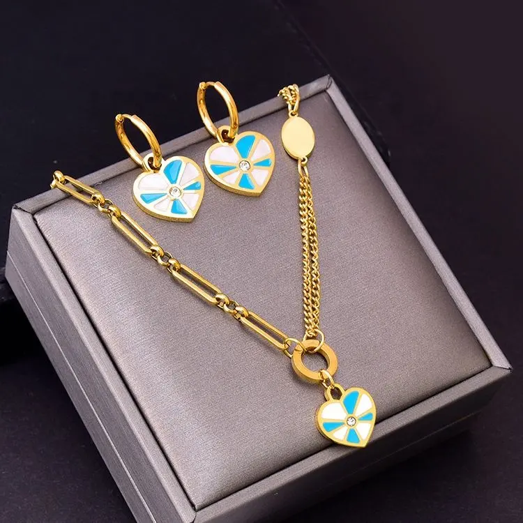 Blauwe En Witte Tweekleurige Druipende Olie Liefde Hanger 18K Verguld Hart Emaille Oorbel Ketting Set Voor Vrouwen Cadeau